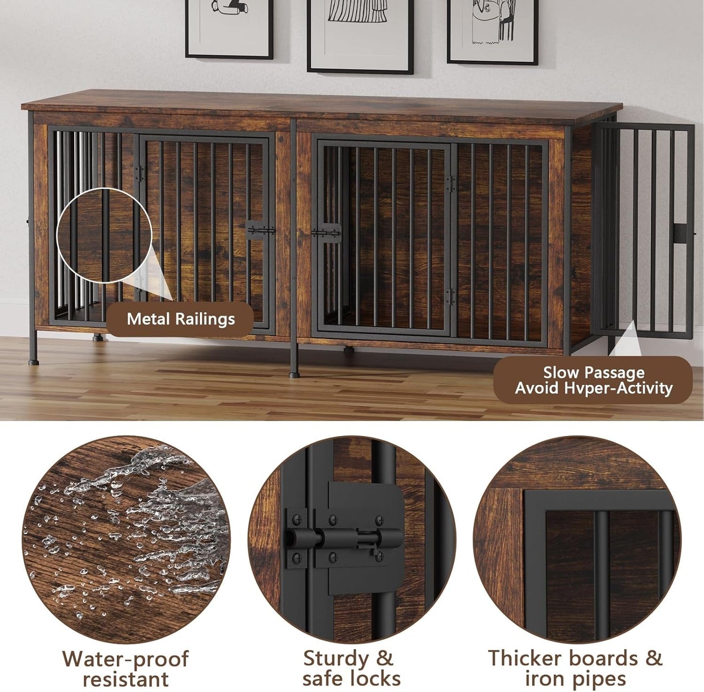 78 Inch Dog Crate Furniture for 2 Dogs, Extra Large Double Dog Cage Large Breed, XXL Thick Wooden Dog Crate TV Stand, Sturdy Dog Kennel with Divider